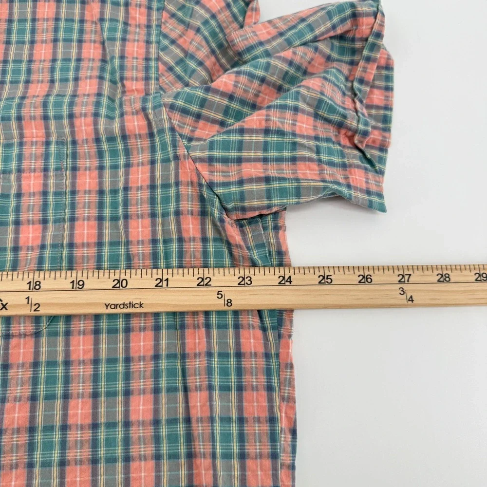 LL Bean Button Down Shirt Mens L Pink Green Plaid Cotton Short Sleeve Fitted